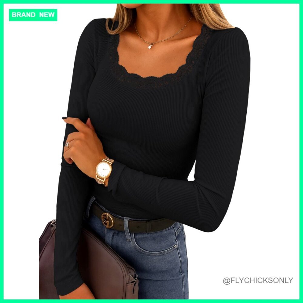Long Sleeve Ribbed Knit T-Shirt Slim Fit Lace Crew Neck Basic Tee